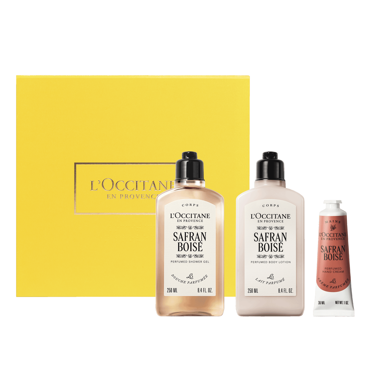 Ritual Corporal: Safran Boisé (Azafrán Amaderado): Gel de Ducha, Leche Corporal & Crema para manos 30ml